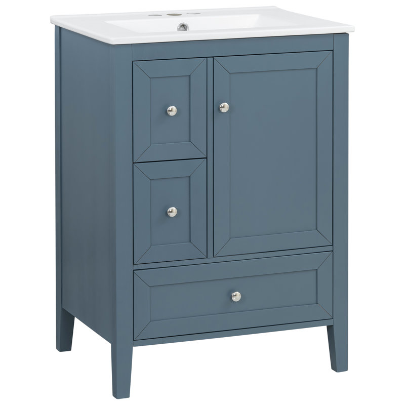 24" Modern Freestanding Single Bathroom Vanity with Ceramic Sink, Solid Wood Legs, Soft-Close Storage, Built-in Rack, Painted Finish