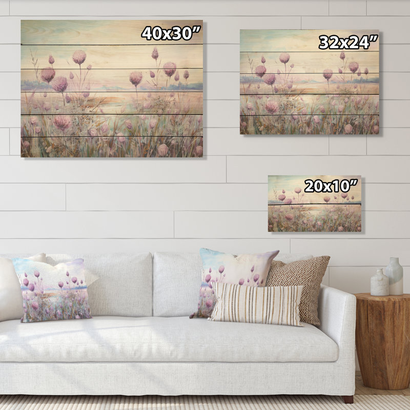 Minimalisme, chardon, nature, fluorescence I - champ de fleurs, art mural sur bois de pin naturel, H 24 po x l 32 po