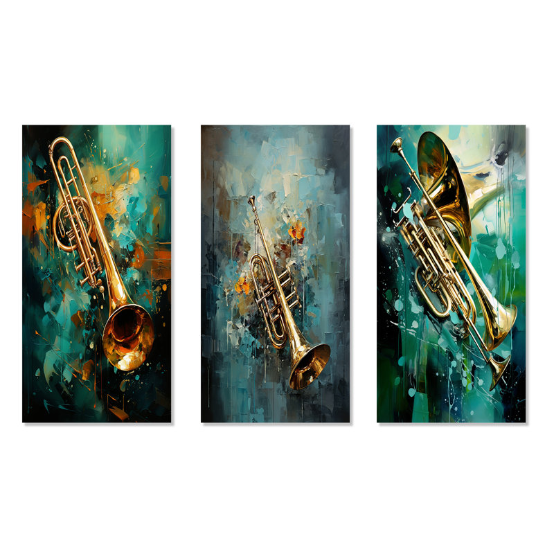 Trombone Tribute Jazzed Jade - ensemble d'art mural en métal 3 pièces, H 32 po x l 48 po