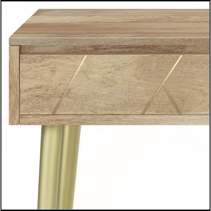 Console Spartan en bois de manguier massif avec deux tiroirs et quatre pieds en métal, 15 x 48 x 32 pouces.