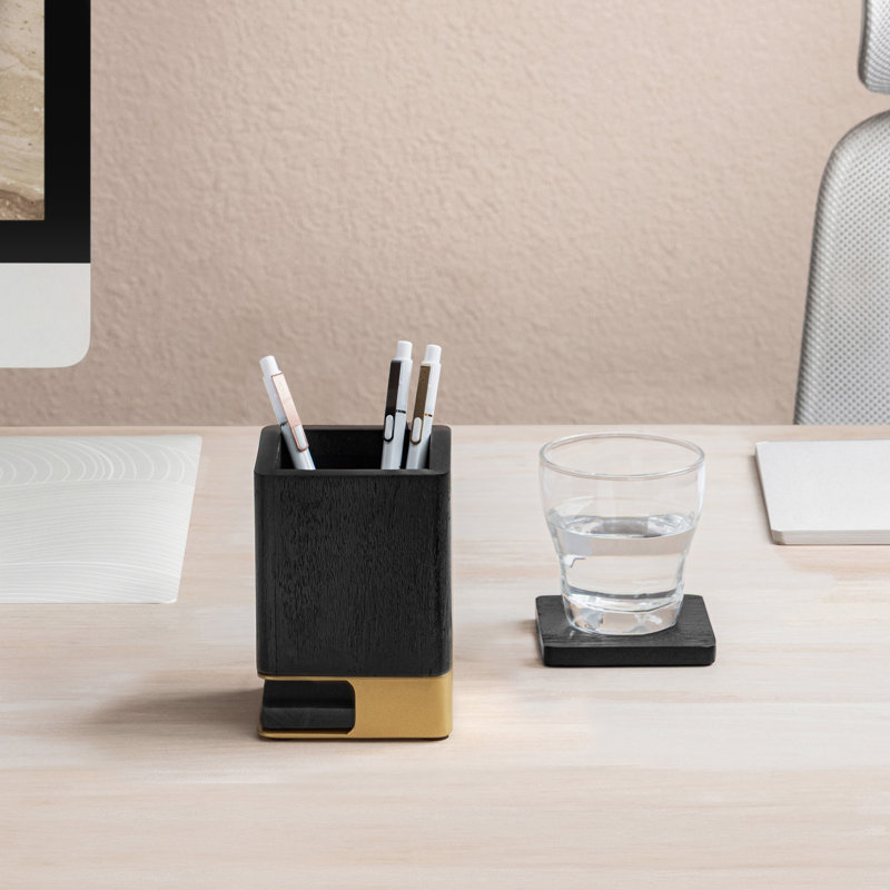 Solid Wood Pen Holder with 2 Coasters, Black/Gold