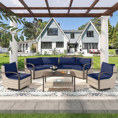 6 Pieces Outdoor Patio Furniture Sets,,Two-person Manual Weaving Wicker Patio Sofa, 2 Pieces Armchair Sofas,2 Swivel Chairs with Coffee Table