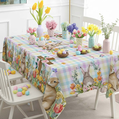 Easter Round Tablecloth 70" With Bunny, Eggs, Buffalo Check Plaid, Tulip Floral Indoor Dining Table Cover