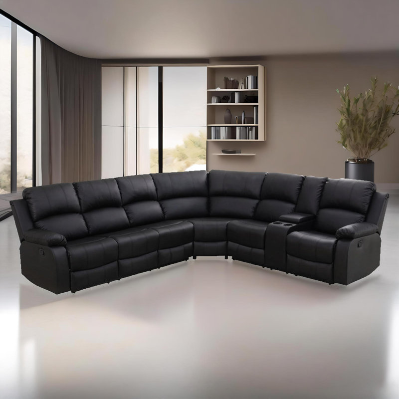 Luxora Breathable Semi-PU Leather Power Reclining Sectional Sofa Set With Console & Cup Holders-Black