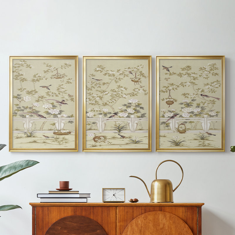Adriana Classic Chinoiserie I - Toile tendue avec châssis sur mesure - 3 pièces, H 21 po x l 30 po, Doré