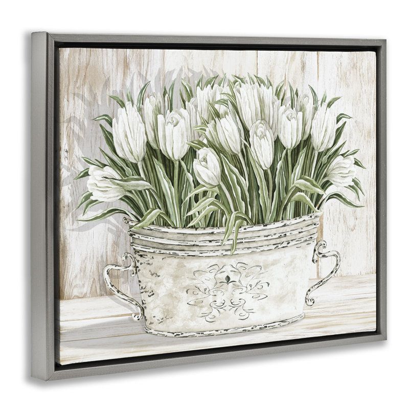 Fleurs fraîches de tulipes blanches rétro, Cadre flottant gris lustré, H 25 po x l 31 po