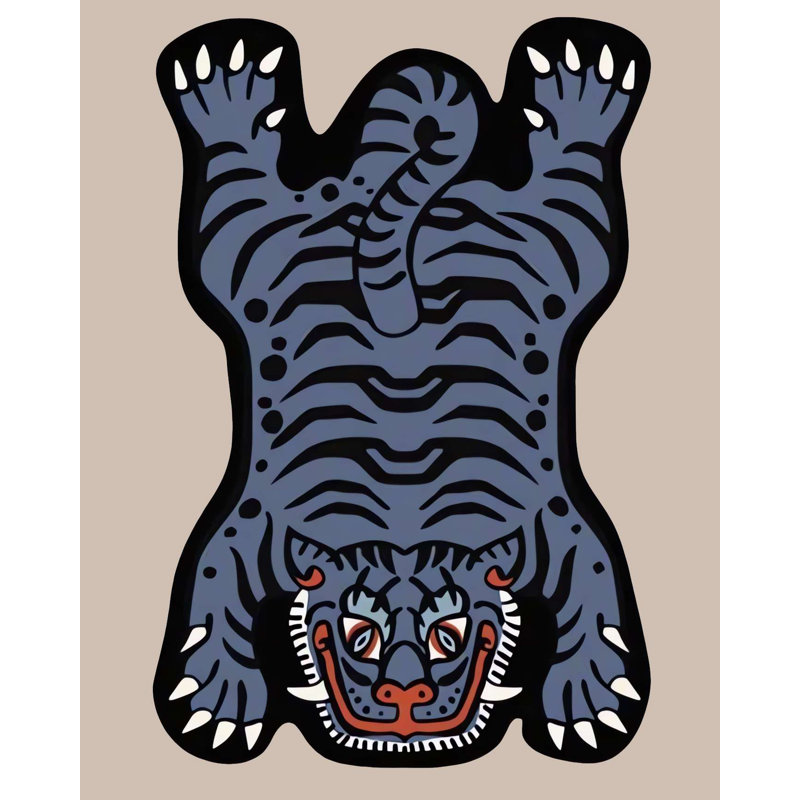 Midnight Blue Traditional Tattoo Tiger Accent Rug