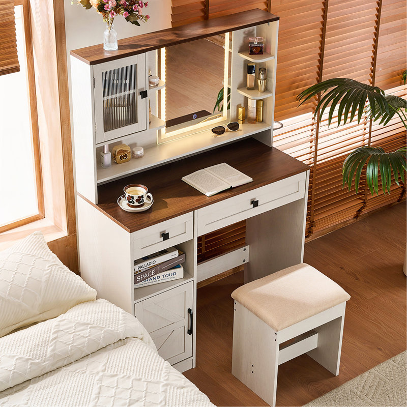 Bureau de coiffeuse avec miroir et lumières, ensemble de coiffeuse avec station de charge et tabouret, tiroirs, tablettes et armoire latérale Farmhouse