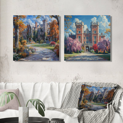 Spring At Campus Hall I - College & University Buildings Wall Art - Industrial Wall Art Set 2 Piece