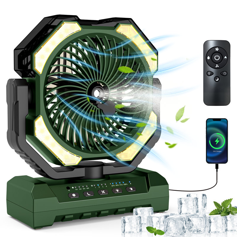 Ventilateur de brume de camping rechargeable 16 000 mAh, réservoir d'eau 250 ml, 4 vitesses, télécommande, minuterie, 4 lumières DEL