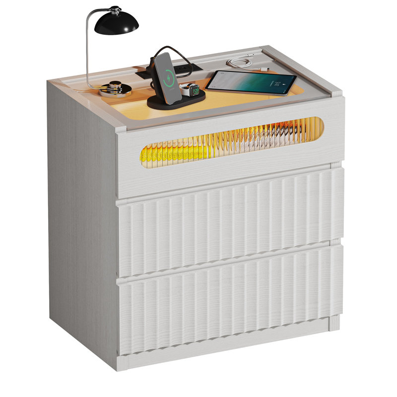 Arching Modern Nightstand With Led Light, Glass Top, Usb Ports & Outlets, Fluted 3-drawer Bedside Table,white, White