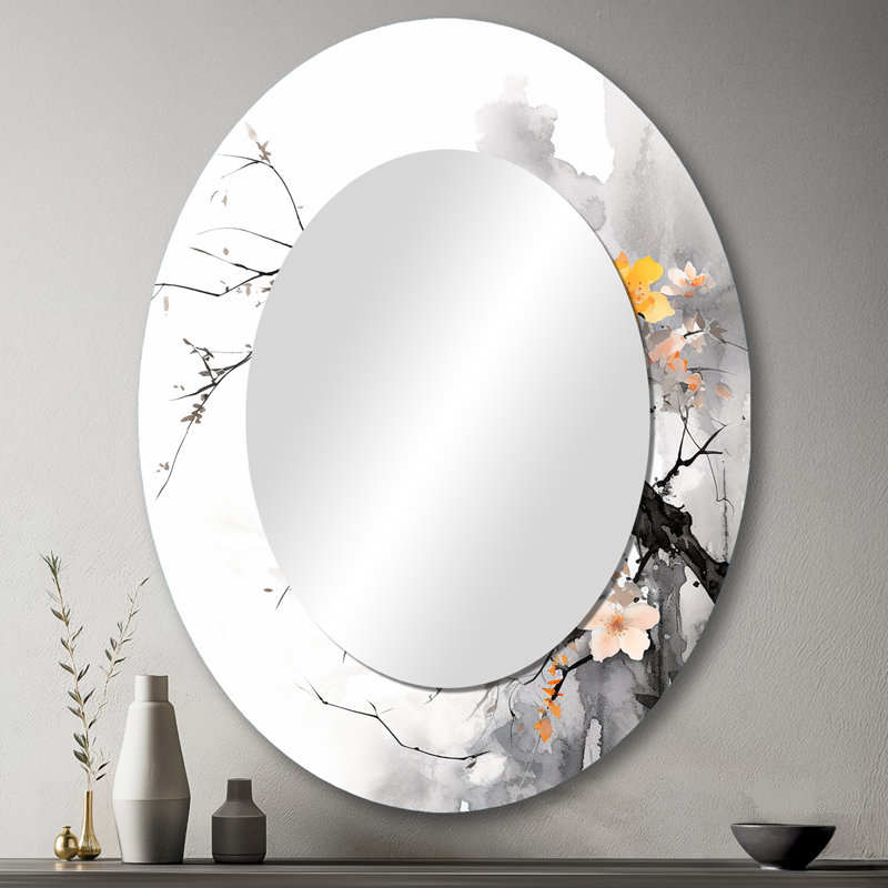 Asian Art Bat Sumi - Grand miroir mural ovale sur métal, 43 po x 33 po