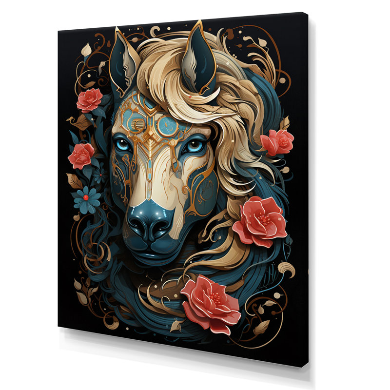 Portrait rétro d'un cheval blanc avec des roses rouges sur toile, Toile tendue, 32" H x 24" W