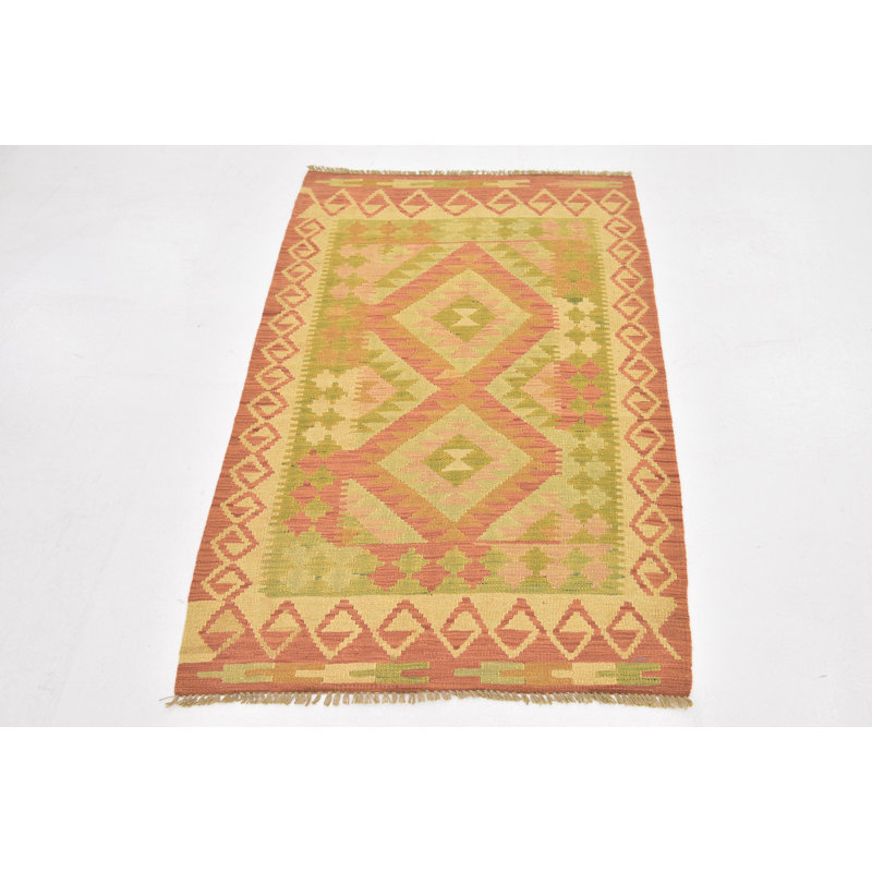 Tapis noué la orange/beige 2 pi 8 po x 4 pi en laine one-of-kind-main Elland