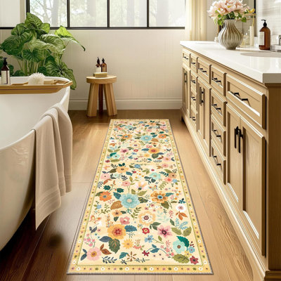 Tapis floral 2 x 6 po Boho - Tapis doux antidérapant et lavable à la machine pour chambre d'enfant, cuisine, salon, intérieur - ivoire / jaune