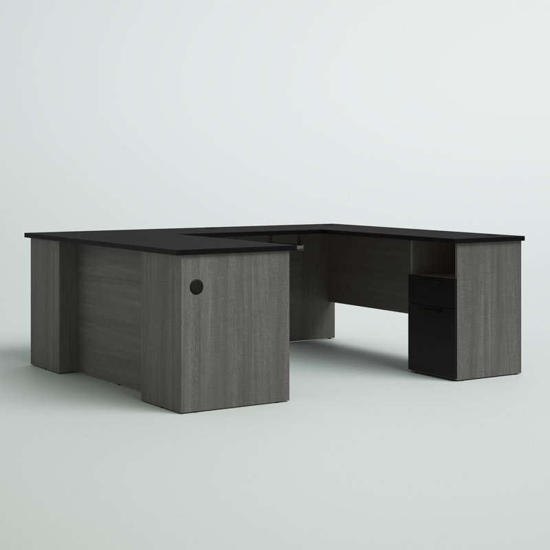 Ocke U-Shaped Executive Desk with Power Outlet, Black/Bark Gray