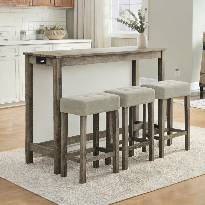 Table de salle à manger combinant un coin repas et un ensemble table de bar 4 pièces en bois massif brun et 3 tabourets en lin de 150 cm (59 po).