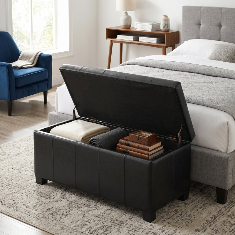 Repose-pieds rectangulaire avec rangement relevable Dover, Similicuir noir minuit