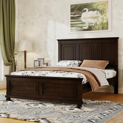 Farmhouse Queen Bed Frame with Tall Headboard, Wood Platform Bed and Footboard & Charging Station, Mid-Centery Rustic Queen Panel Beds with Slats Support, No Box Spring Needed, Rustic Brwon