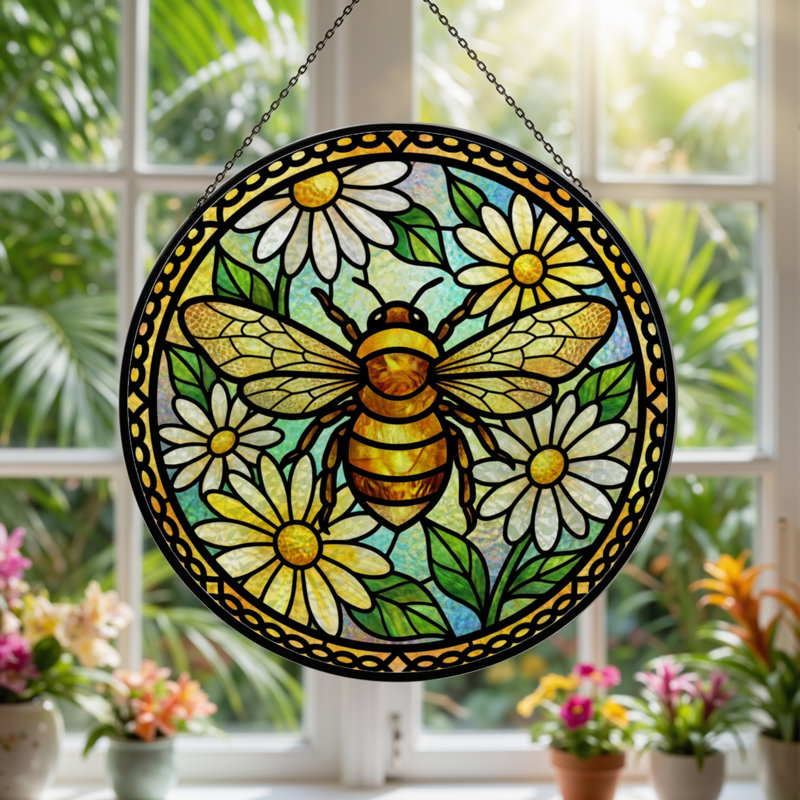 Panneau de vitrail 12 "H Bee And Daisies, H 12 po x l 12 po