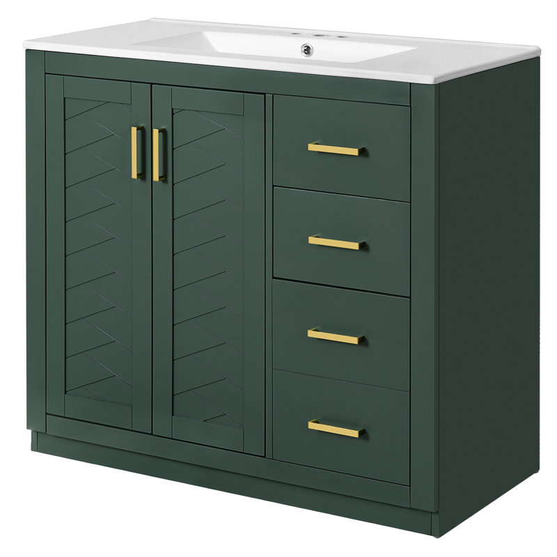 36 po, rangement pour salle de bain, lavabo en céramique, structure en bois massif, rangement spacieux pour les articles de toilette, quincaillerie à fermeture en douceur, poignées et matériaux en métal exquis, utilisation quotidienne de trois tiroirs, dissimulé moderne