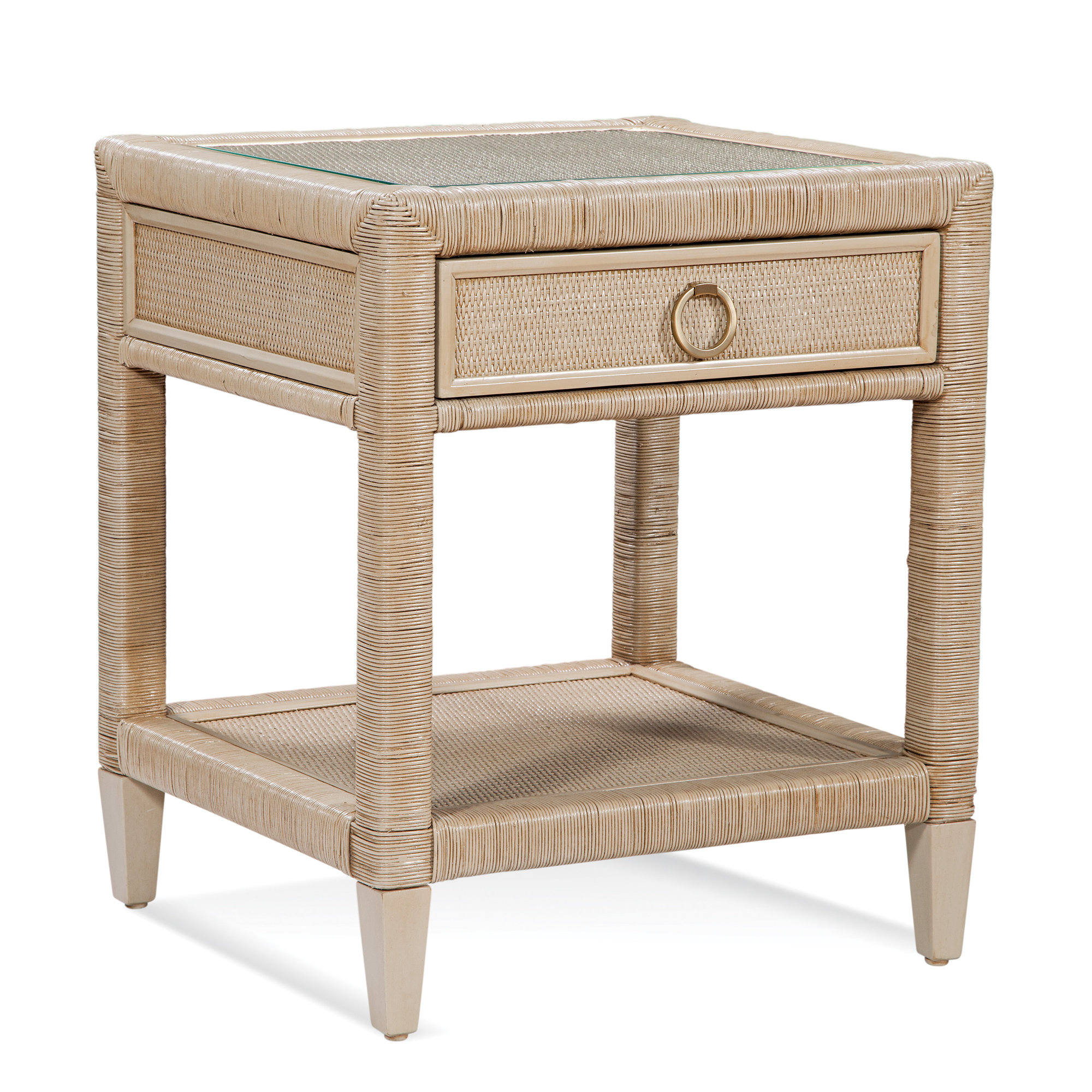 Warwick 1 - Drawer Wicker/Rattan Nightstand, Stone Hearth, Satin Brass