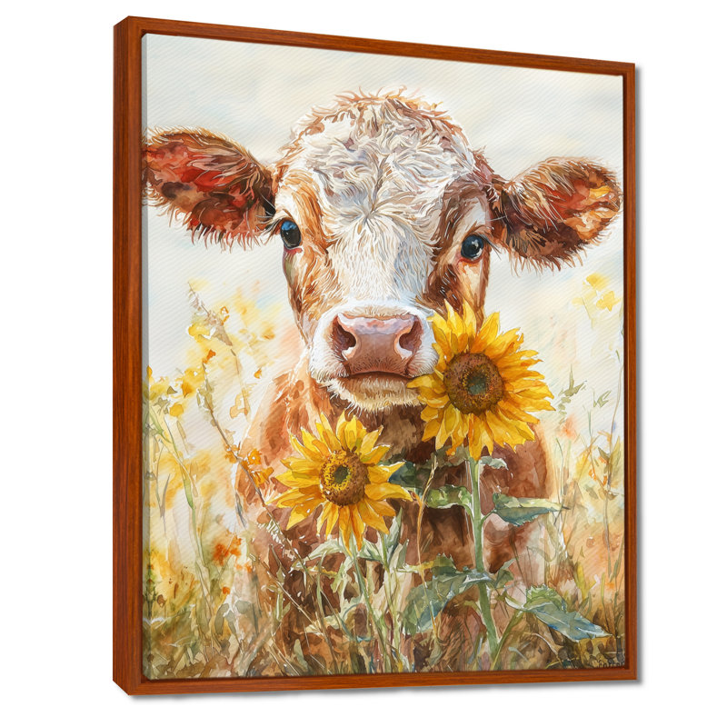 Vache Dorma, peinture avec tournesols III - vache, art mural, Brun, H 32 po x l 24 po, Impression encadrée sans passe-partout
