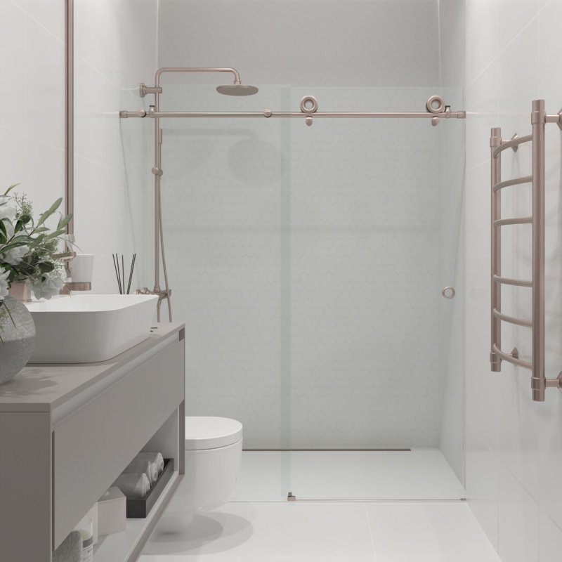  Cosmo 64 - Porte de douche coulissante sans cadre 68 x 77 po en verre trempé transparent 3/8 po, Acier Inoxydable