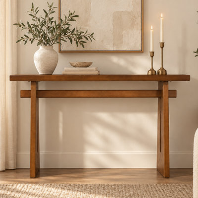 Console contemporaine en MDF avec placage en bois rustique et structure en croix renforcée, idéale pour un hall d'entrée, un corridor, un salon ou comme dossier de canapé.