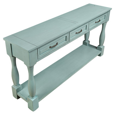 Console Table 63inch, Solid Pine Wood, 3 Drawers & Bottom Shelf, Retro Blue, Functional Mid-century 63inch Long Wood With And 1 Style For Entryway Hal