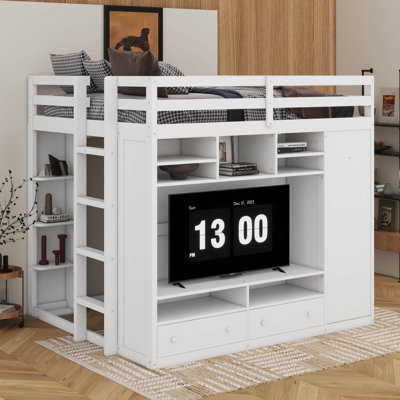 Full Size Loft Bed With Drawers, Shelves And Light