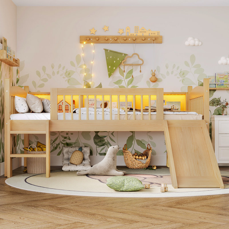Twin XL Loft Bed With Storage Shelves, Solid Wood Lower Loft Bed With LED Lights And Full-Length Guardrails, No Box Spring Needed,  Natural