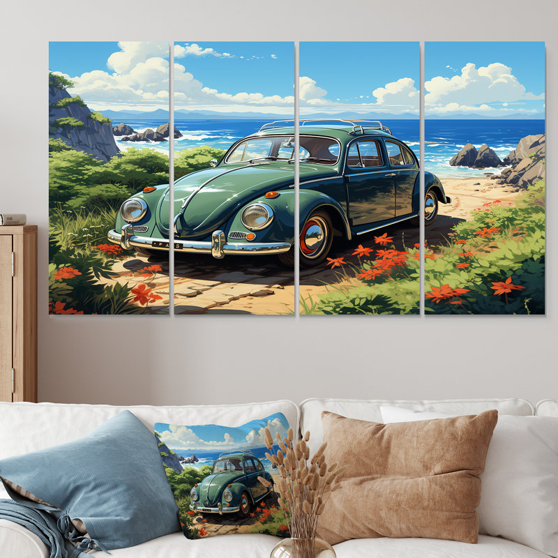 «Green American Classic Car On A Beach II - Car Old American», art mural 4 pièces, H 28 po x l 48 po