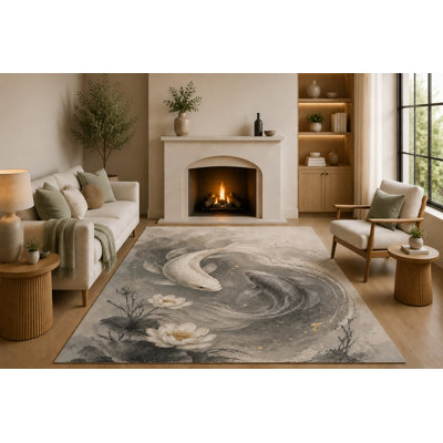 "Ultra Lightweight" 5'x7' Yin Yang Koi Fish Area Rug with Non-Slip Silicone Backing Low Pile Soft Carpet for Living Room Bedroom Lotus Zen Japanese Decor