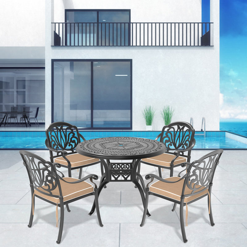Ensemble de 5 meubles de patio en aluminium coulé avec cadre noir et coussins de siège bruns, 4