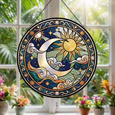 Sun Moon Stained Glass Window Panel，12"H