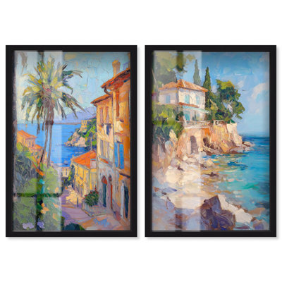 «Teal and Coral Coastal Escape Duo Shadowbox», art mural rétro par Art Remedy, cadre noir, 16 x 24
