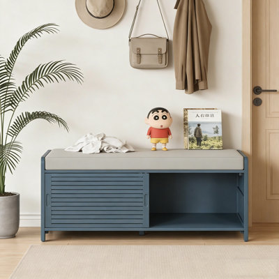 Shoe Bench With Storage And Cushion, Distressed Shutter Storage Bench With Retro Charm For Living Room, Entryway (Navy)