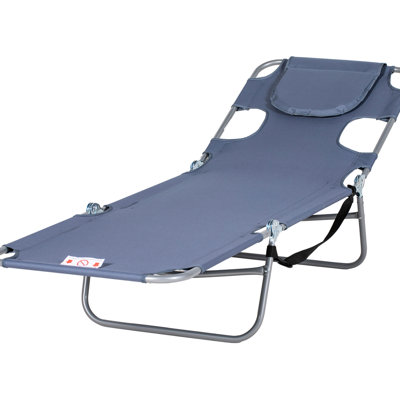 Chaise de plage réglable à 5 niveaux avec trou pour le visage, fentes pour accoudoirs, oreiller et espace pliable, chaise longue grise et rangement pour les espaces extérieurs,