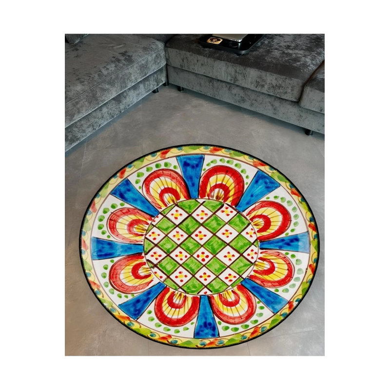 Patterned Woven Base Modern Decorative Carpet In Green And Red Tones, Round 2'8"