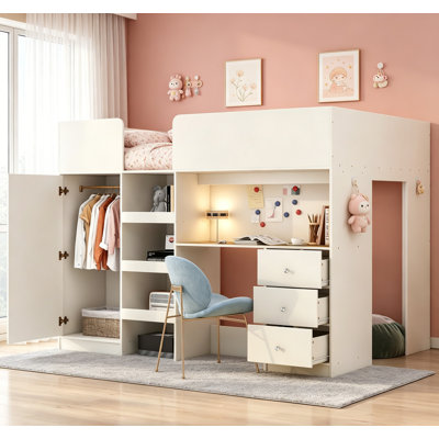 Lit mezzanine double en bois avec garde-robe intégrée, bureau, tablettes et tiroirs de rangement, beige