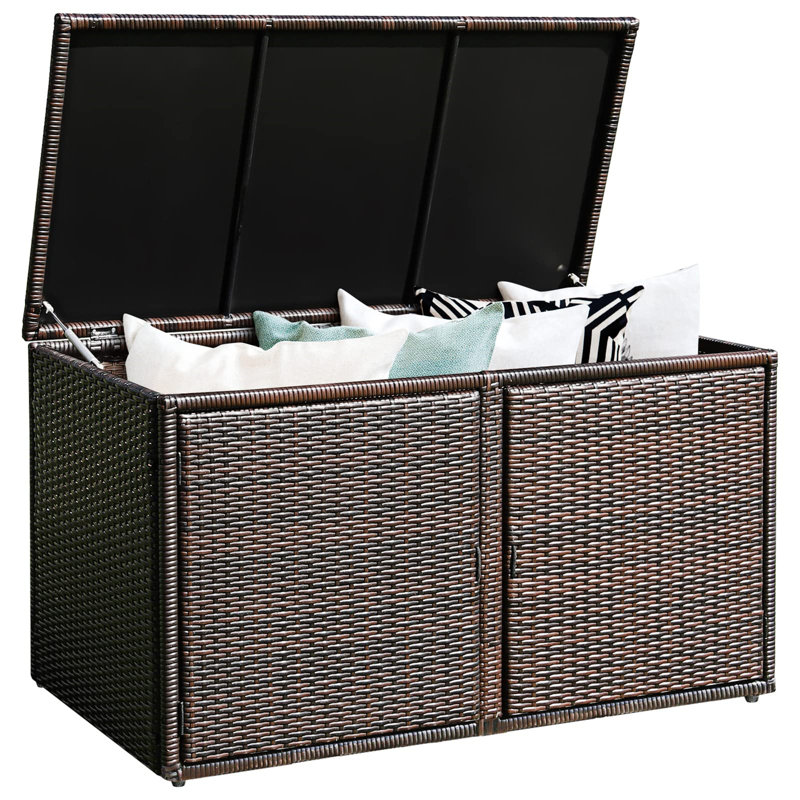 2-Tier Garden Storage Box, 2-Way Opening Rattan Deck Box Chest With Flip-Top Lid, Outdoor Weatherproof Storage Organiser With Metal Frame For Toy Cushion Poolside Patio Balcony