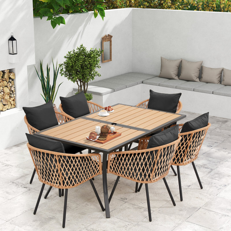  7-Piece Outdoor Dining Set With 6 Rattan Chairs, All-Weather Patio Table & Chairs For Backyard, Garden, Poolside, Black