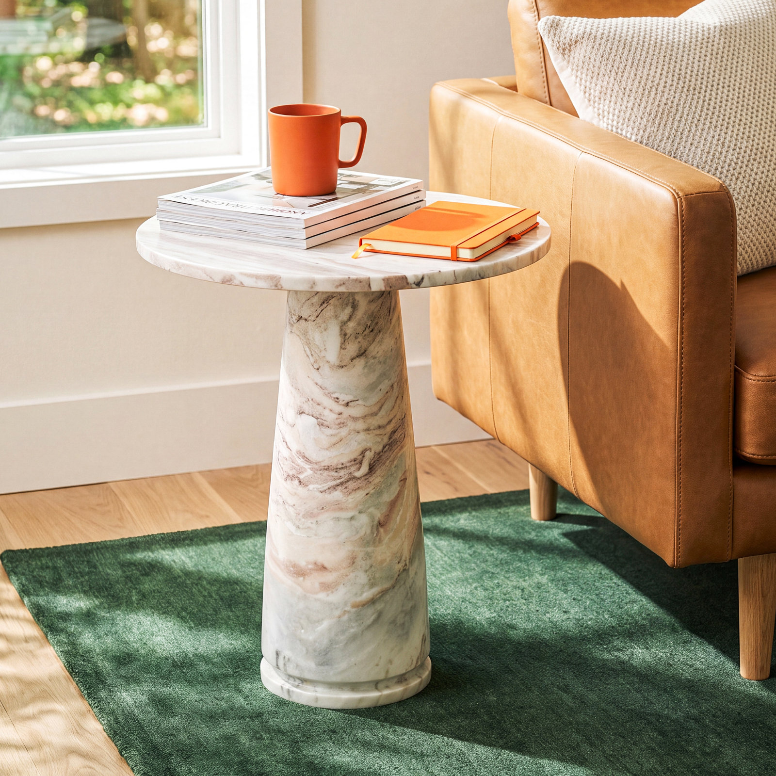 Alysson 21" Genuine Marble End Table, White/Brown