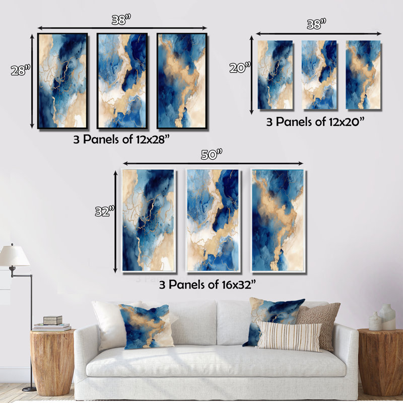 «Blue and Gold Marble Clouds VII», 3 pièces sur toile, Cadre noir, H 20 po x l 36 po