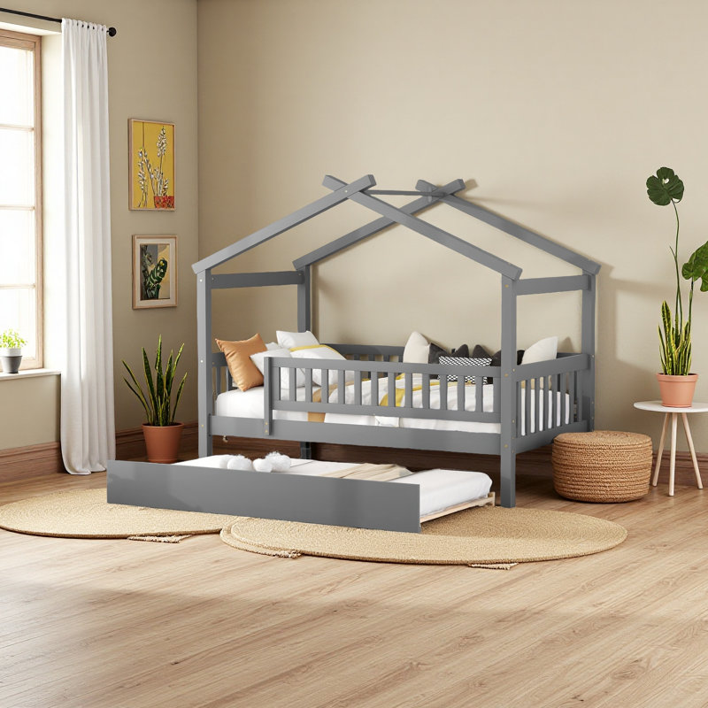 Lit en bois avec couchette, Lit simple, Gris