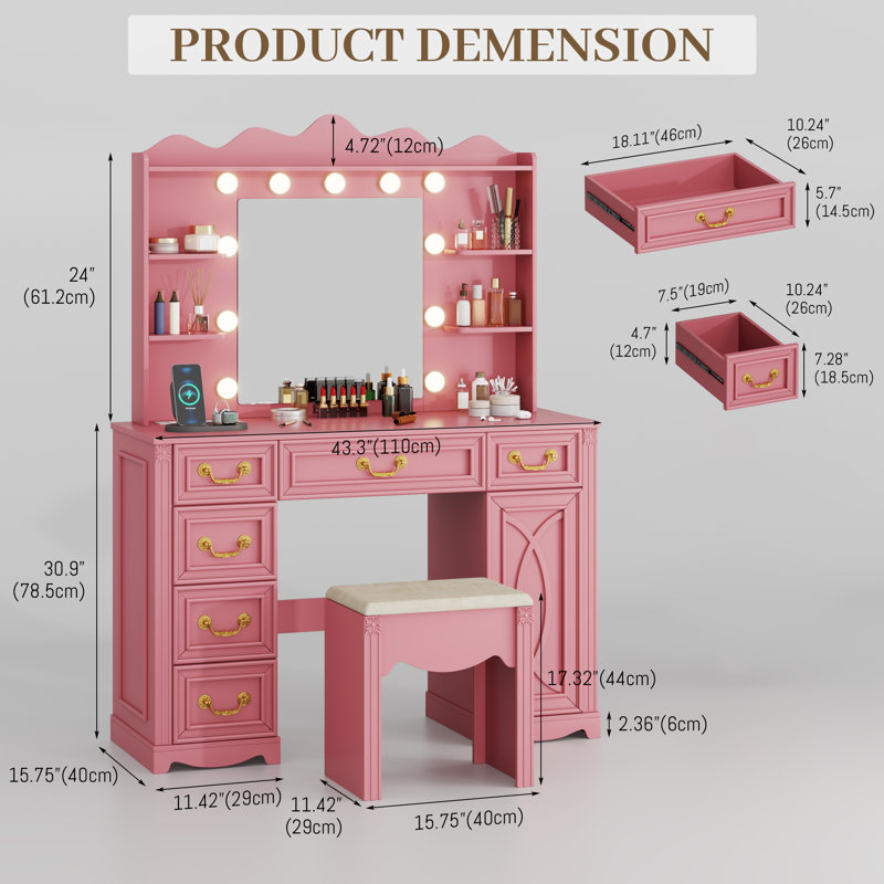 Manufactured Wood Makeup Vanity Set with LED Mirror and Outlets, Pink