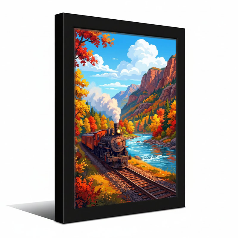 Voyage en train dans la vallée d'automne, H 12 po x l 18 po, Impression encadrée sans passe-partout, Noir