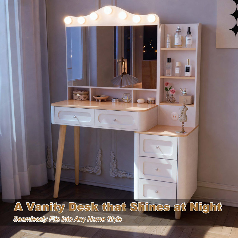 Bureau de coiffeuse avec miroir et lumières, miroir pliable à trois côtés, 2 ports USB et rangement
