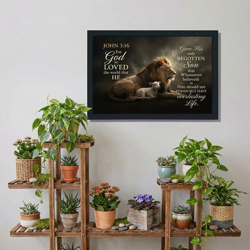 Tableau mural sur toile représentant un lion et un agneau avec le verset biblique Jean 3:16, H 16 po x l 24 po